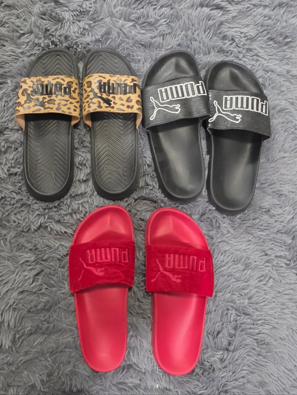 Puma Slides Sandal Trio — Leopard, Black & Red. Set of 3 Pairs
